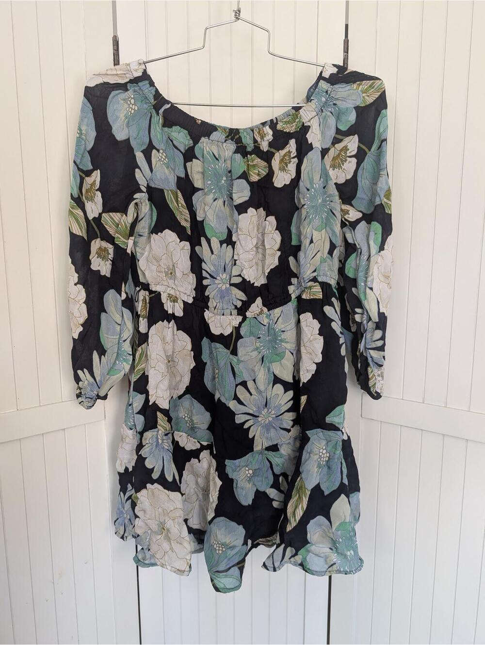 LOFT Floral Off Shoulder Dress Large Blue Boho Peasant Mini Lined